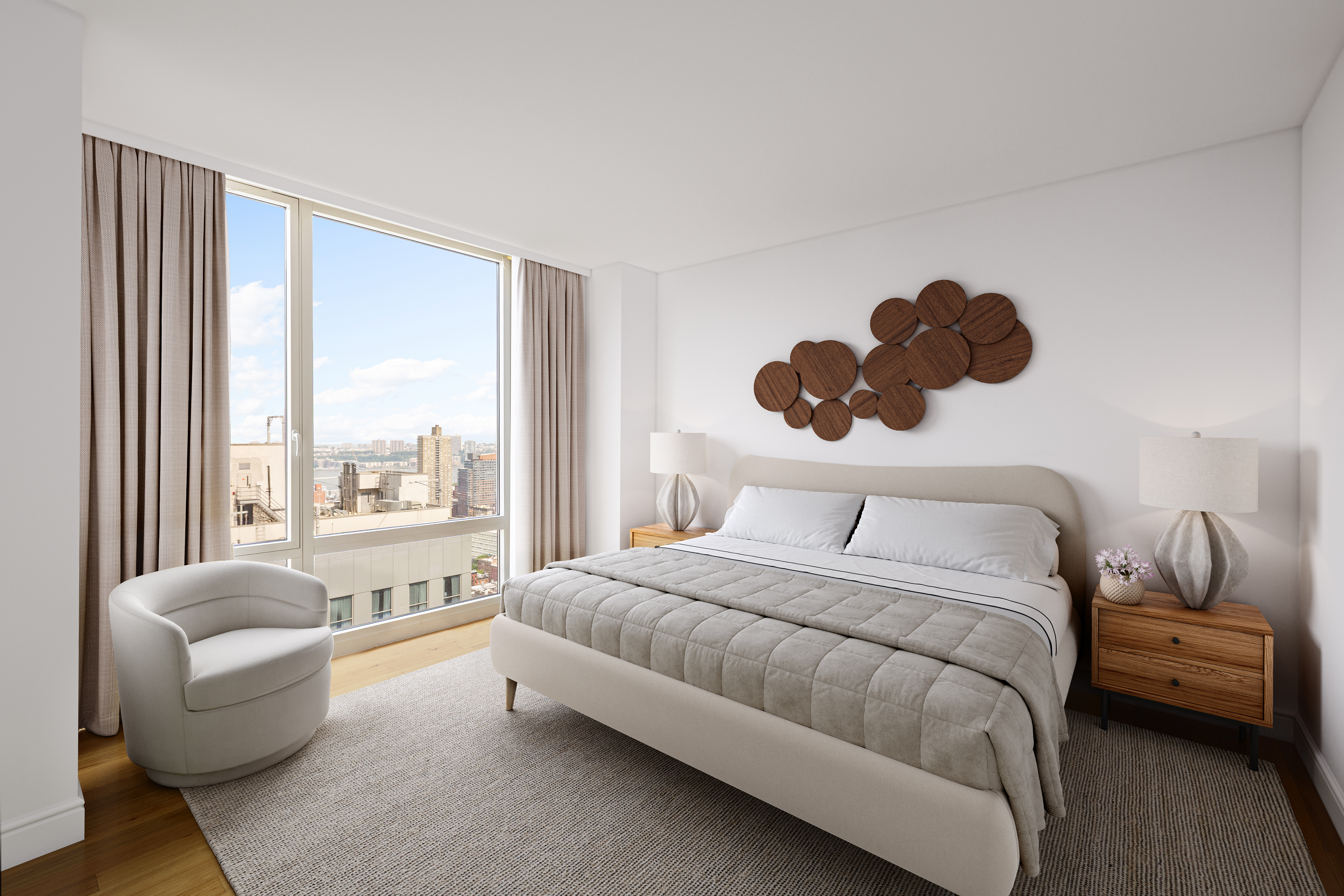 247 West 46th Street, Unit 3103 Manhattan, NY 10036 - Photo 4 of 14 a bedroom with a bed and a large window