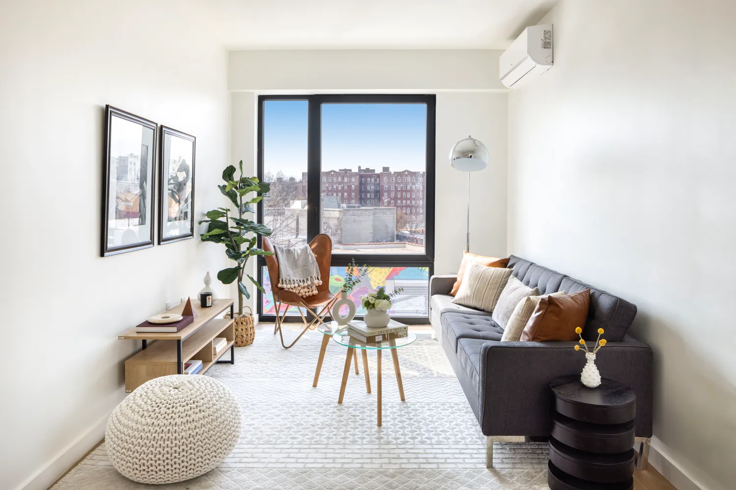 a living room with furniture and a potted plant