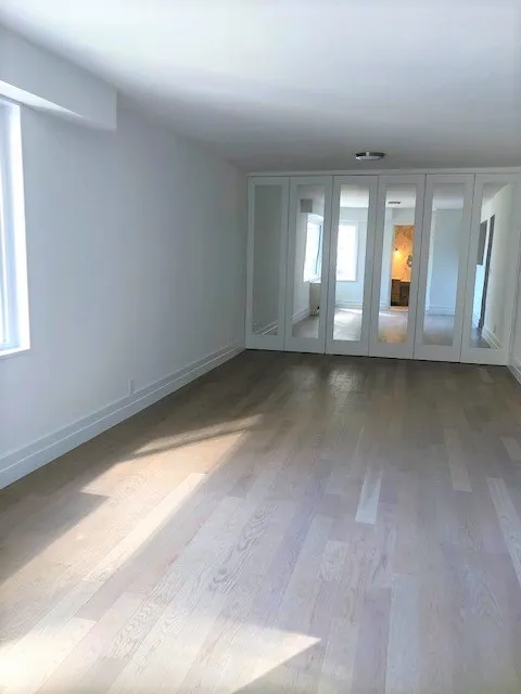a view of empty room with wooden floor