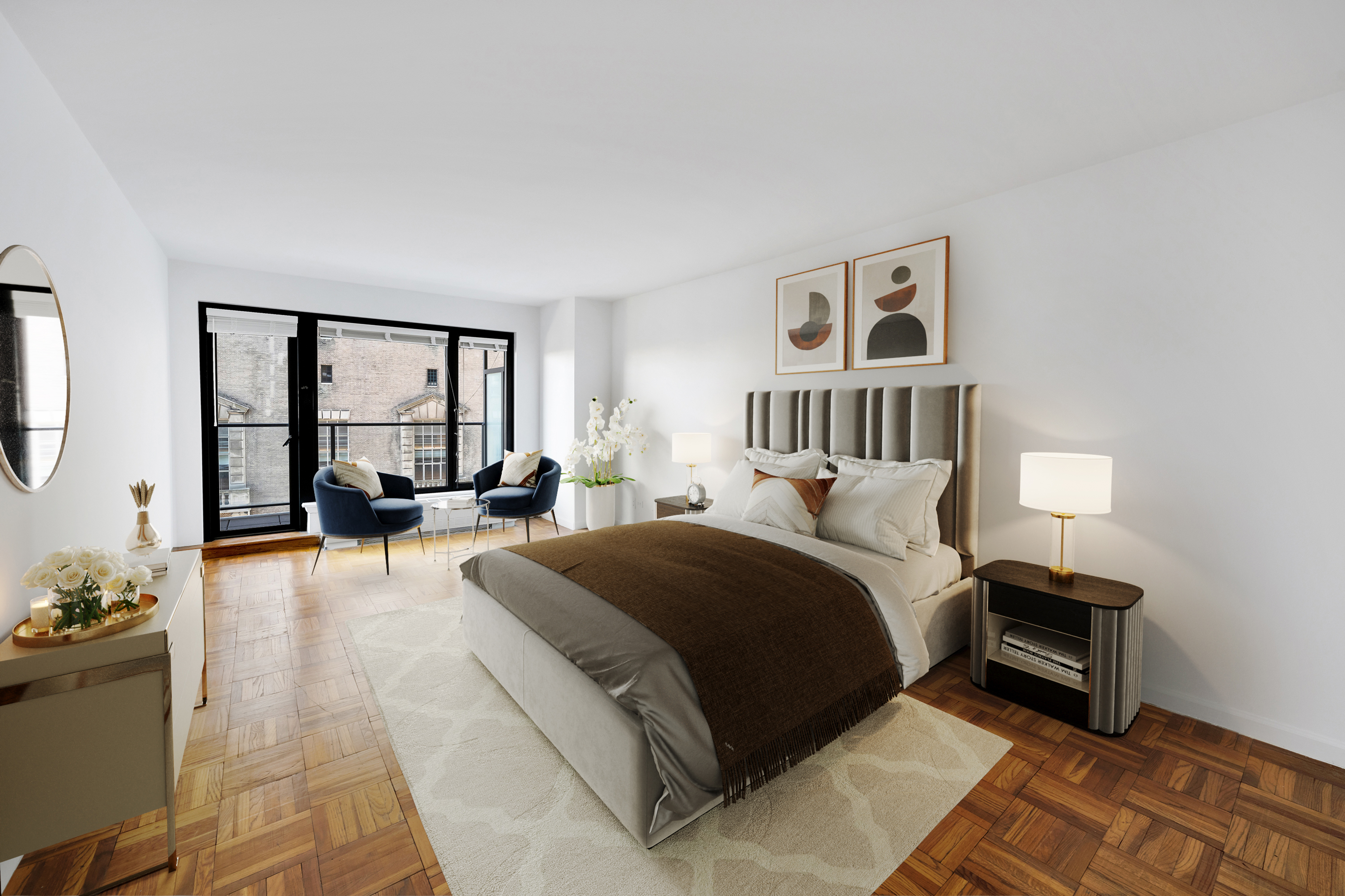200 Central Park South, Unit 10A Manhattan, NY 10019 - Photo 7 of 10 a spacious bedroom with a bed a couch and a large window