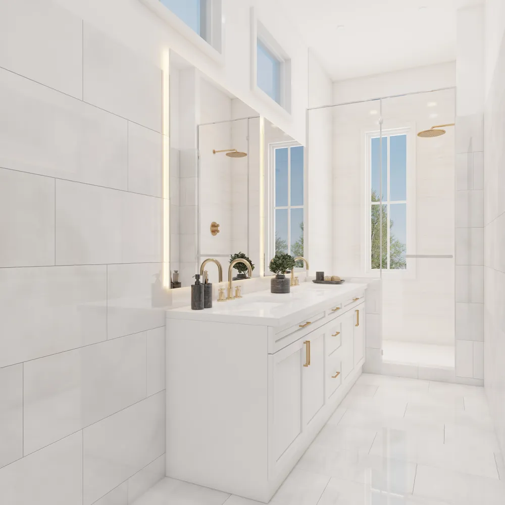 a bathroom with double vanity and a bathtub