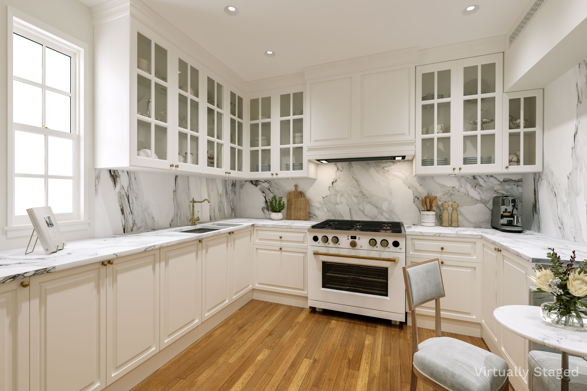 563 Park Avenue, Unit 4E Manhattan, NY 10065 - Photo 12 of 17 a kitchen with cabinets appliances and wooden floor