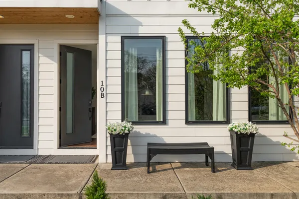 a view of a bench in front of building