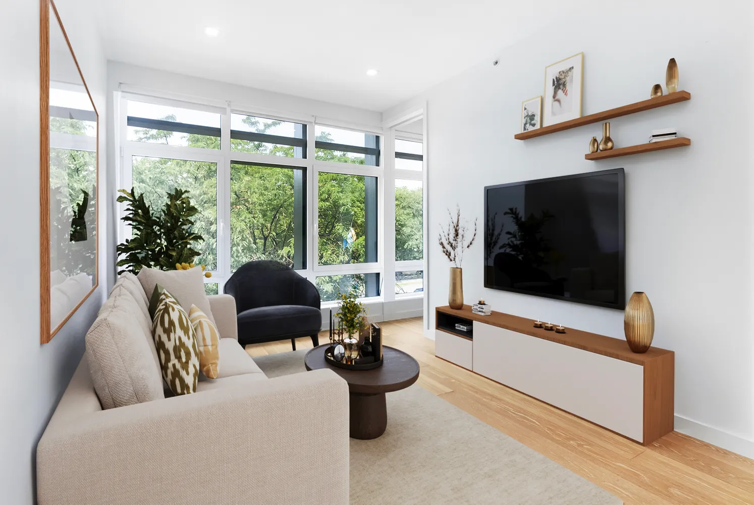 a living room with furniture tv and a large window
