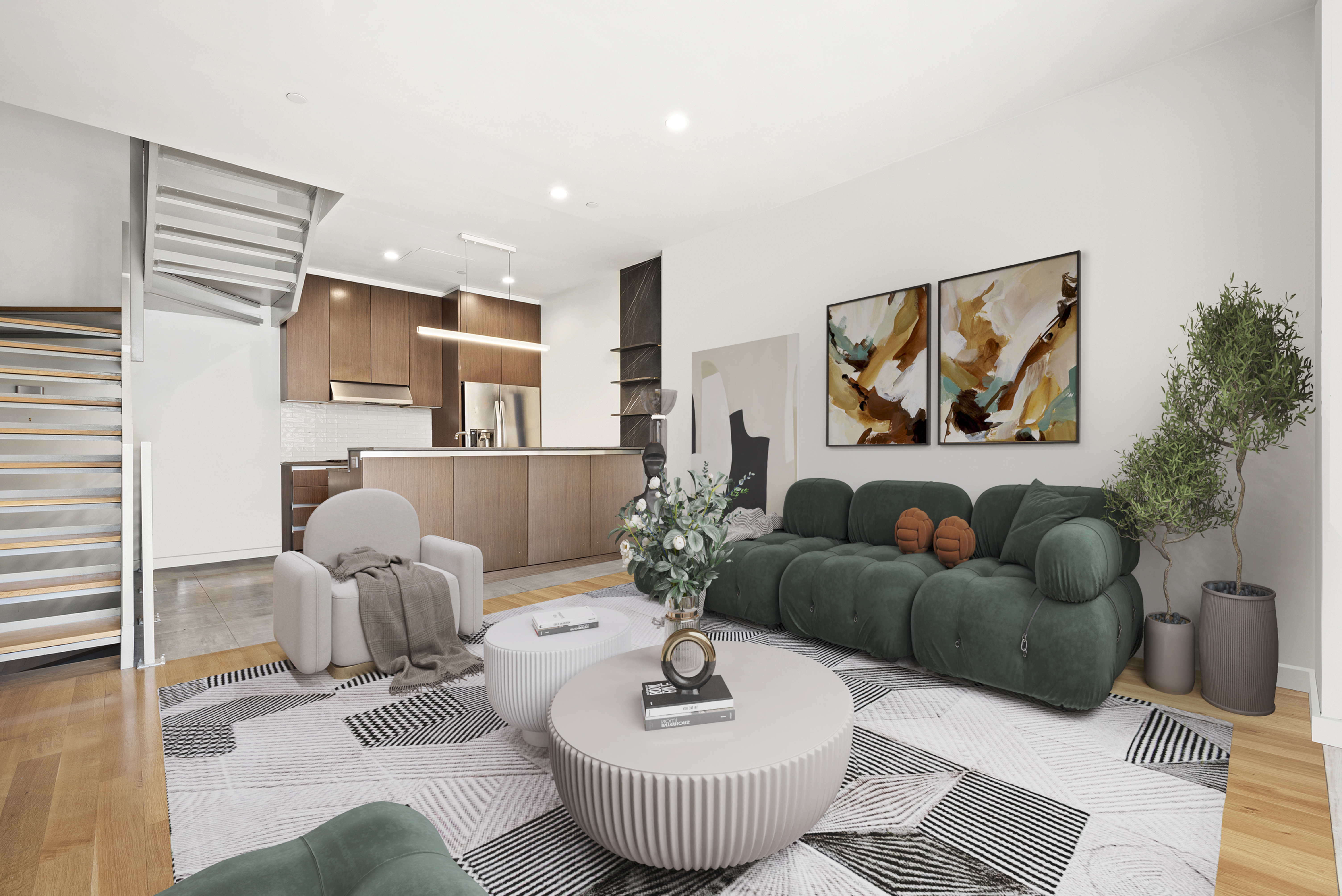 a living room with furniture and a mirror