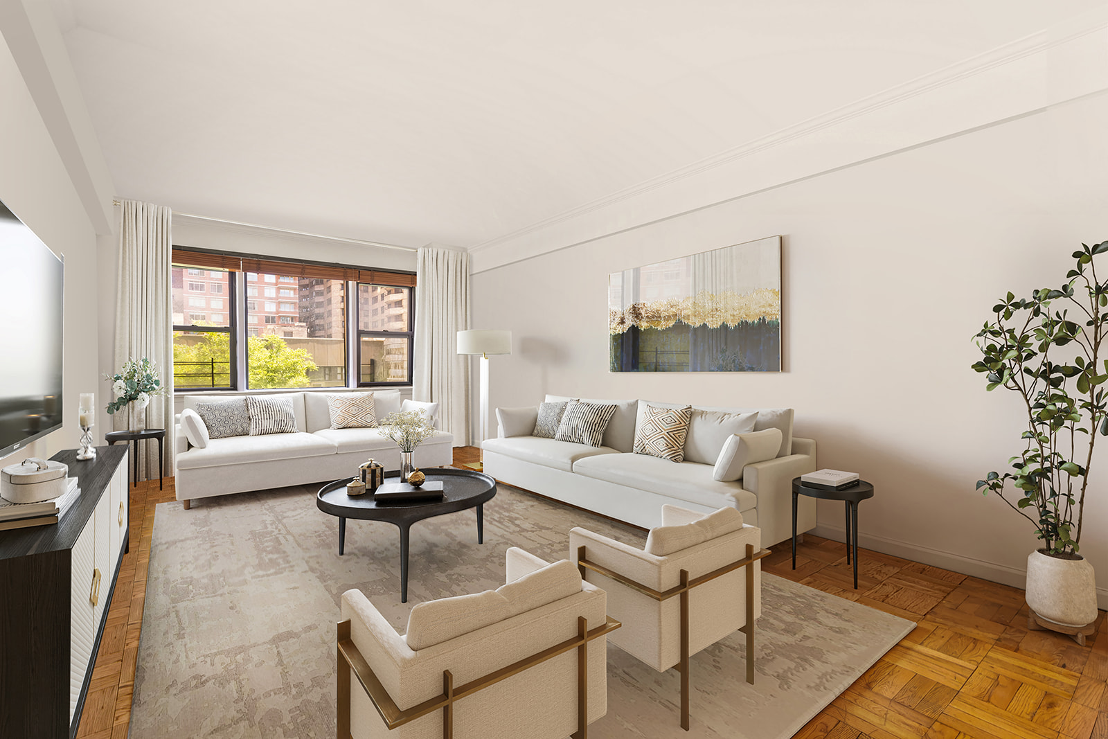 240 East 46th Street, Unit 7G Manhattan, NY 10017 - Photo 1 of 14 a living room with furniture and a large window