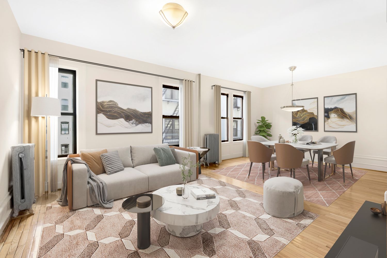 a living room with furniture and a table