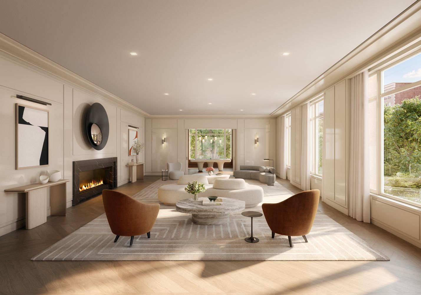 a living room with stainless steel appliances kitchen island granite countertop furniture and a large window