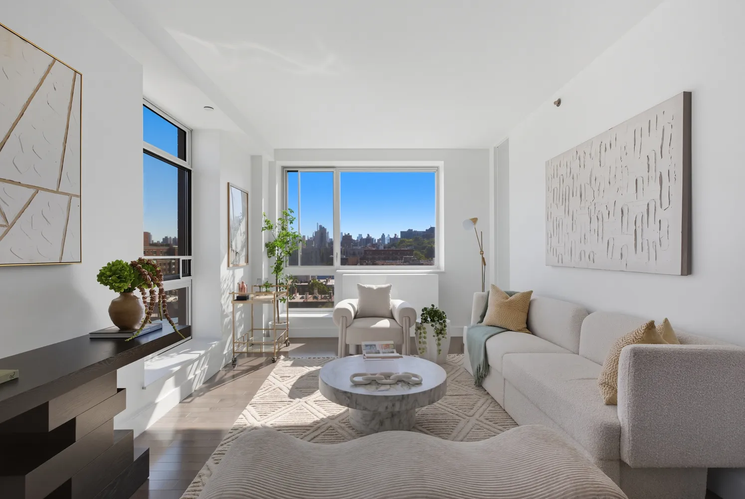 a living room with furniture and a potted plant
