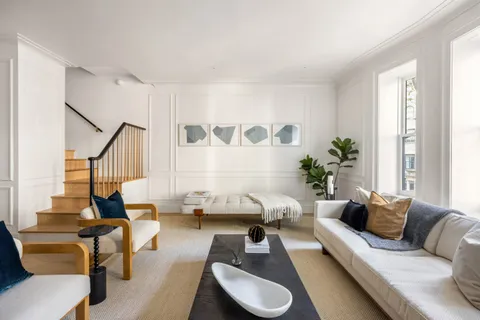 a living room with furniture or couch and a potted plant