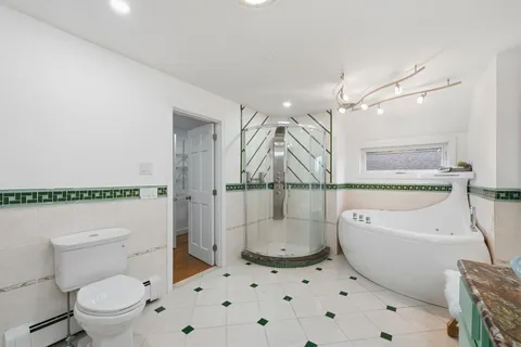 a bathroom with a toilet and a shower