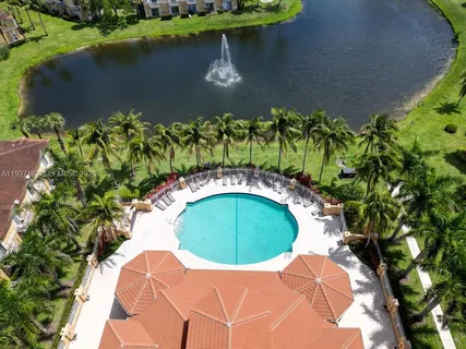 an aerial view of a swimming pool