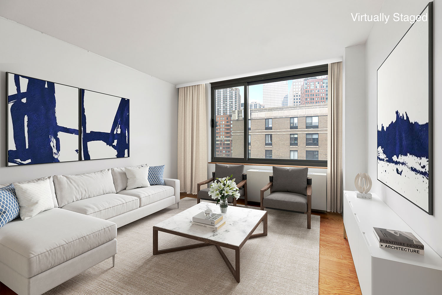 2 South End Avenue, Unit 8E Manhattan, NY 10280 - Photo 1 of 16 a living room with furniture and a large window