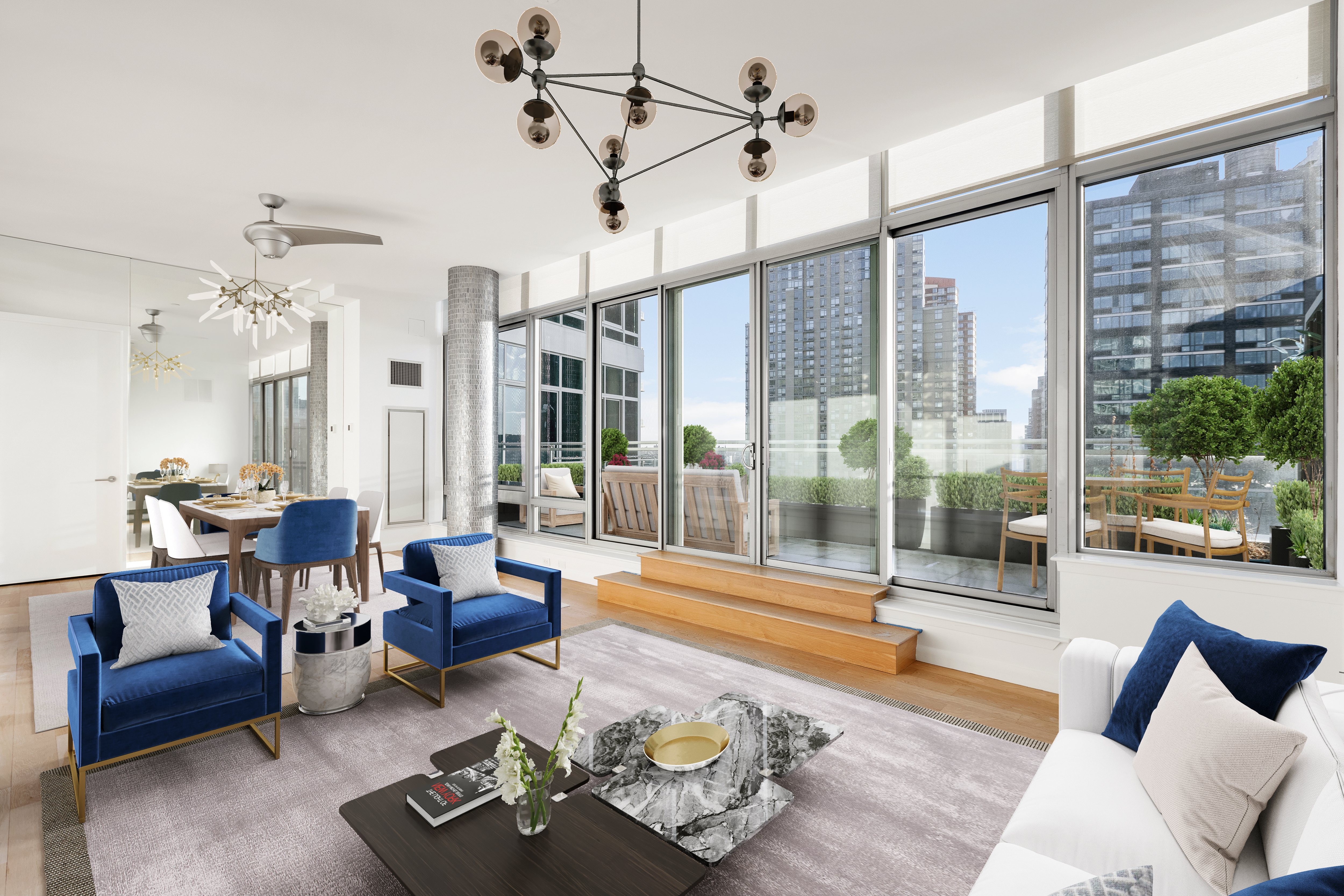46-30 Center Boulevard, Unit PH8 Queens, NY 11109 - Photo 9 of 32 a living room with furniture and a floor to ceiling window