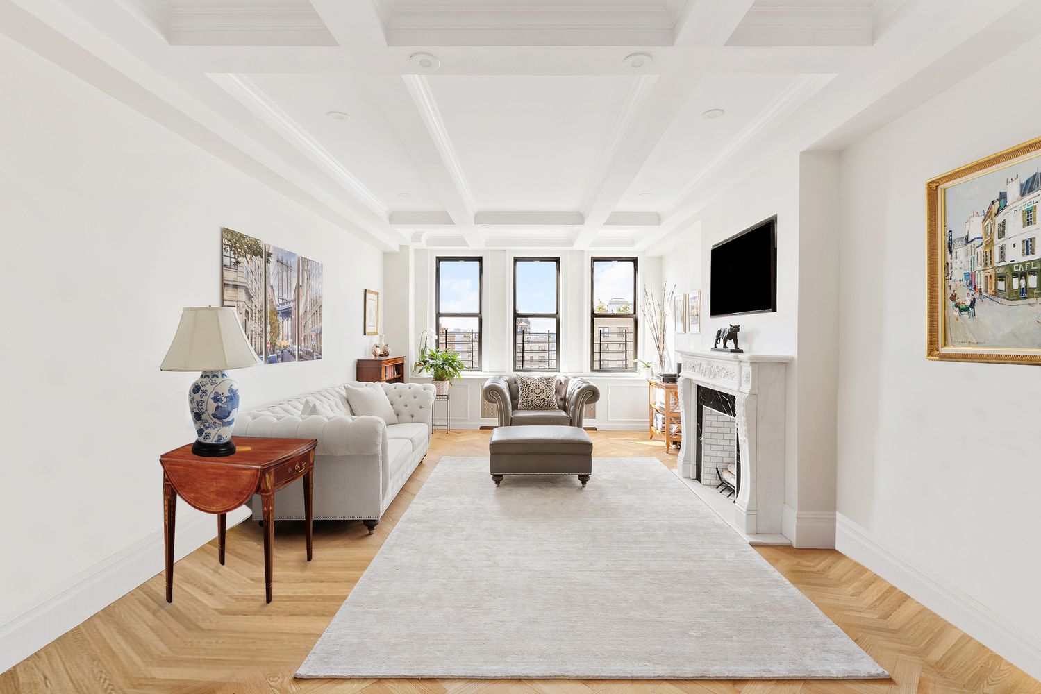 a living room with furniture fireplace and a flat screen tv