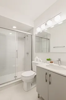 a bathroom with a sink a toilet and shower