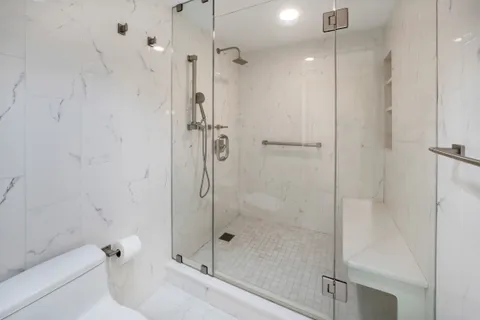 a bathroom with a shower and a toilet