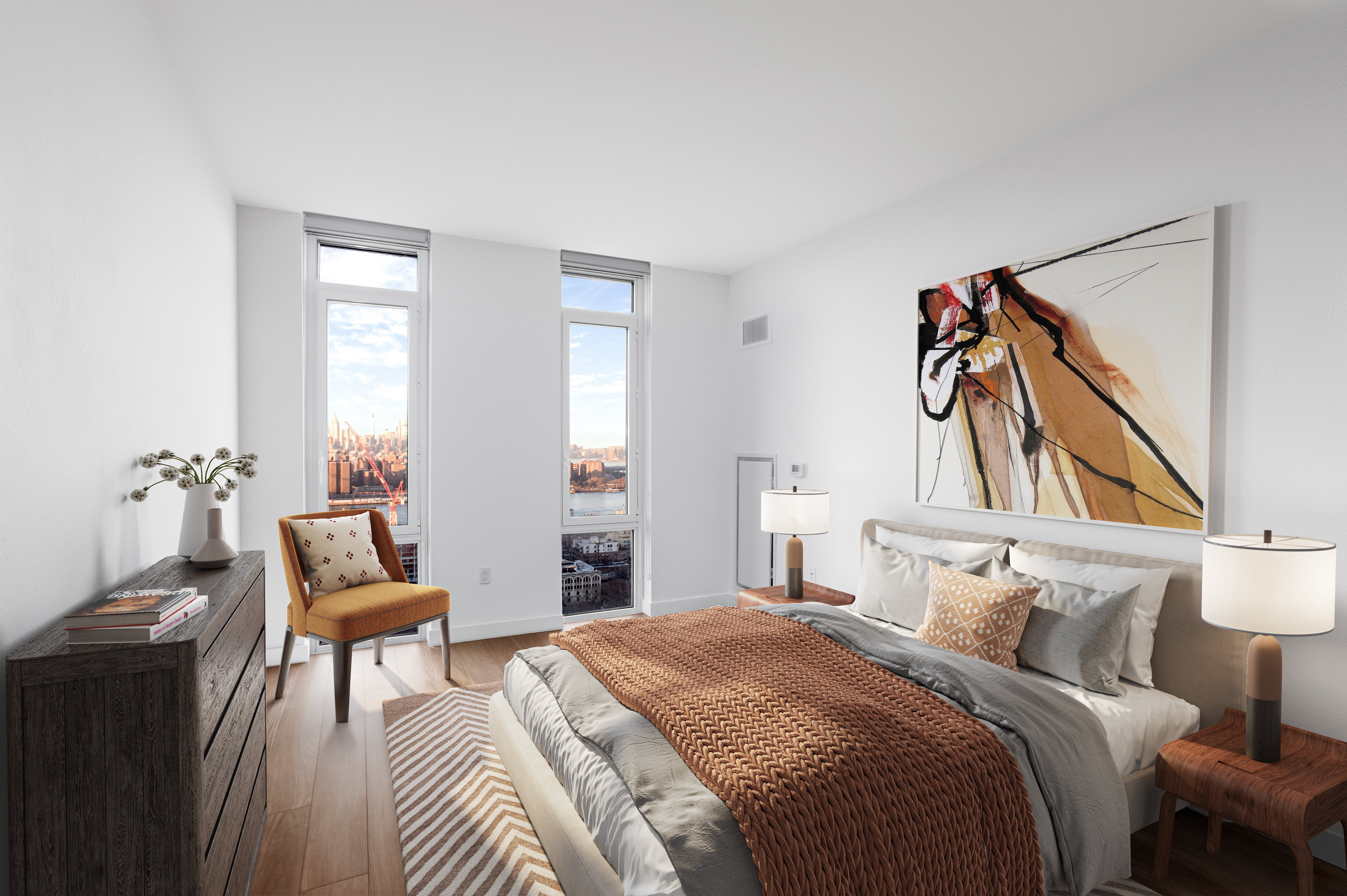 120 Nassau Street, Unit 27G Brooklyn, NY 11201 - Photo 3 of 13 a bedroom with a bed and a chair