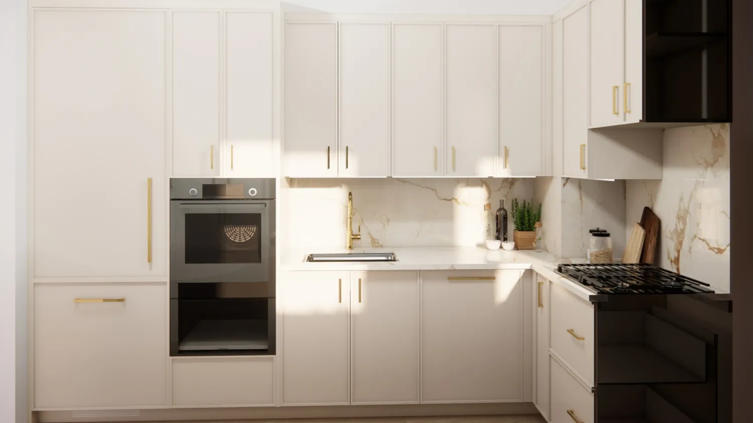 a kitchen with a refrigerator and a stove