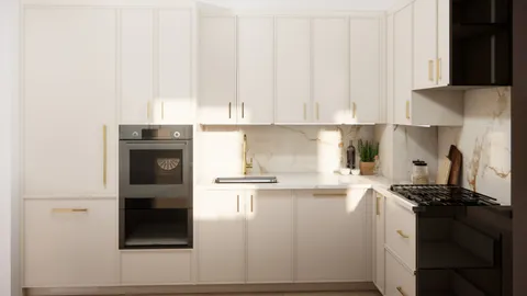 a kitchen with a refrigerator and a stove