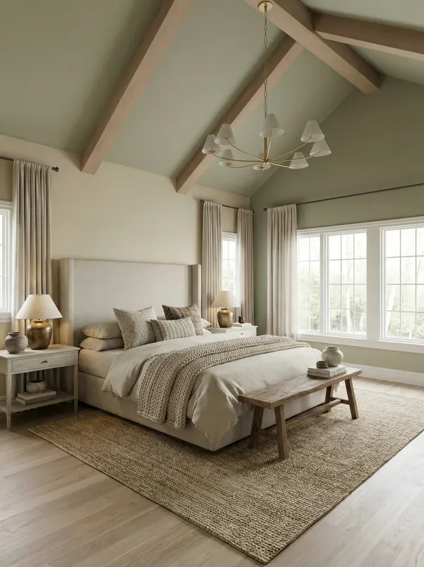 a spacious bedroom with a bed and large windows