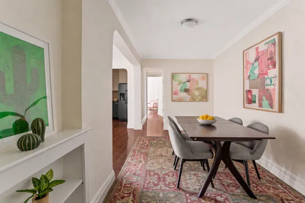 a view of a dining room with furniture