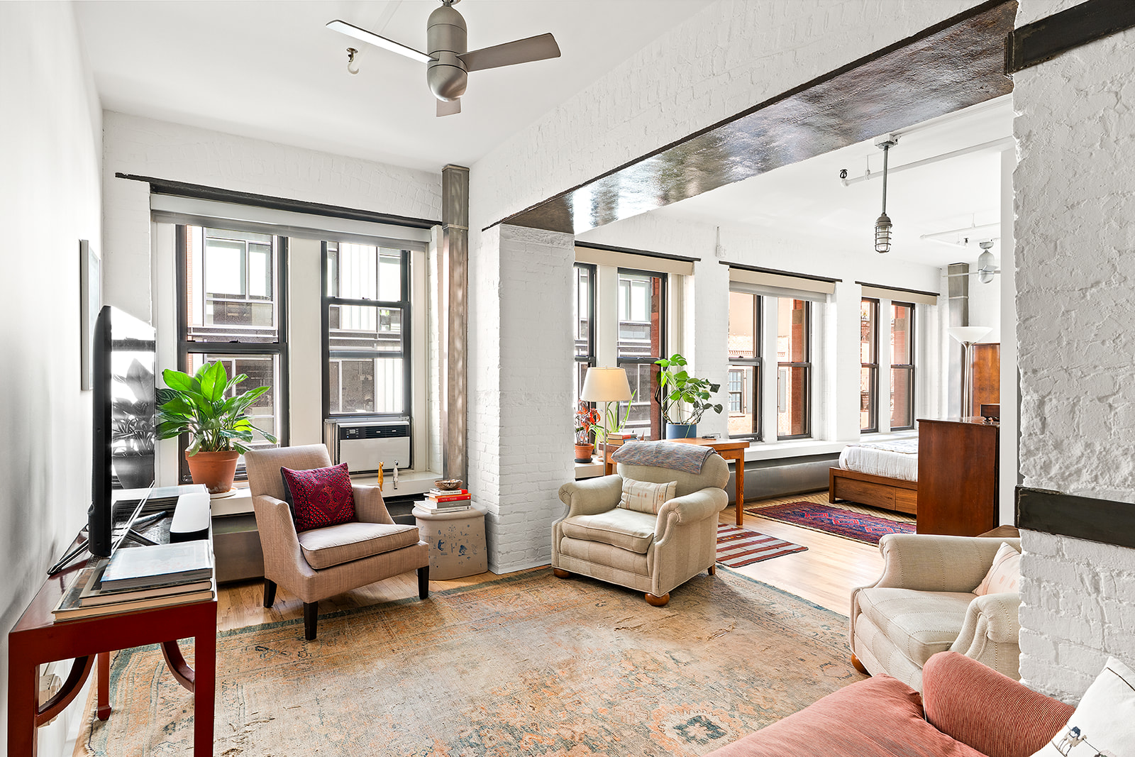 a living room with furniture and a potted plant