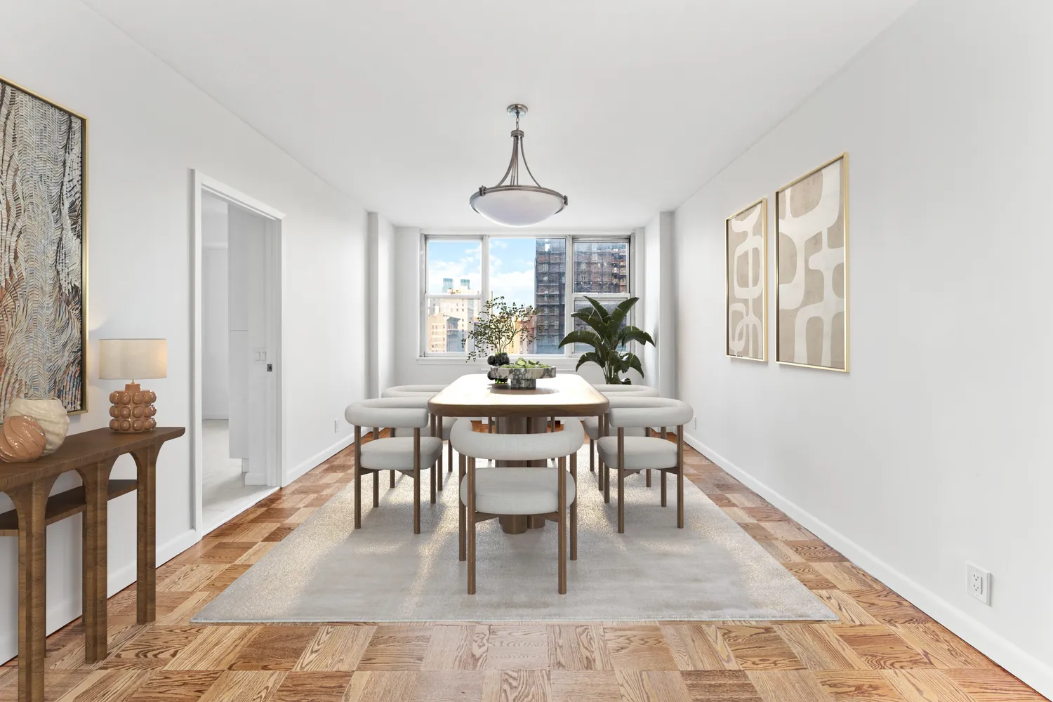 a dining room with wooden floor a chandelier a wooden table and chairs