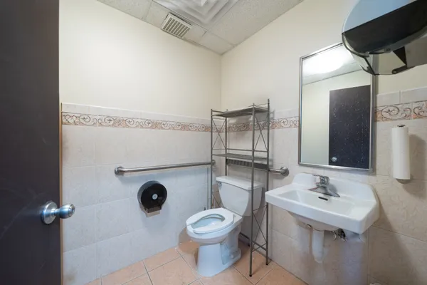a bathroom with a toilet sink a mirror and vanity