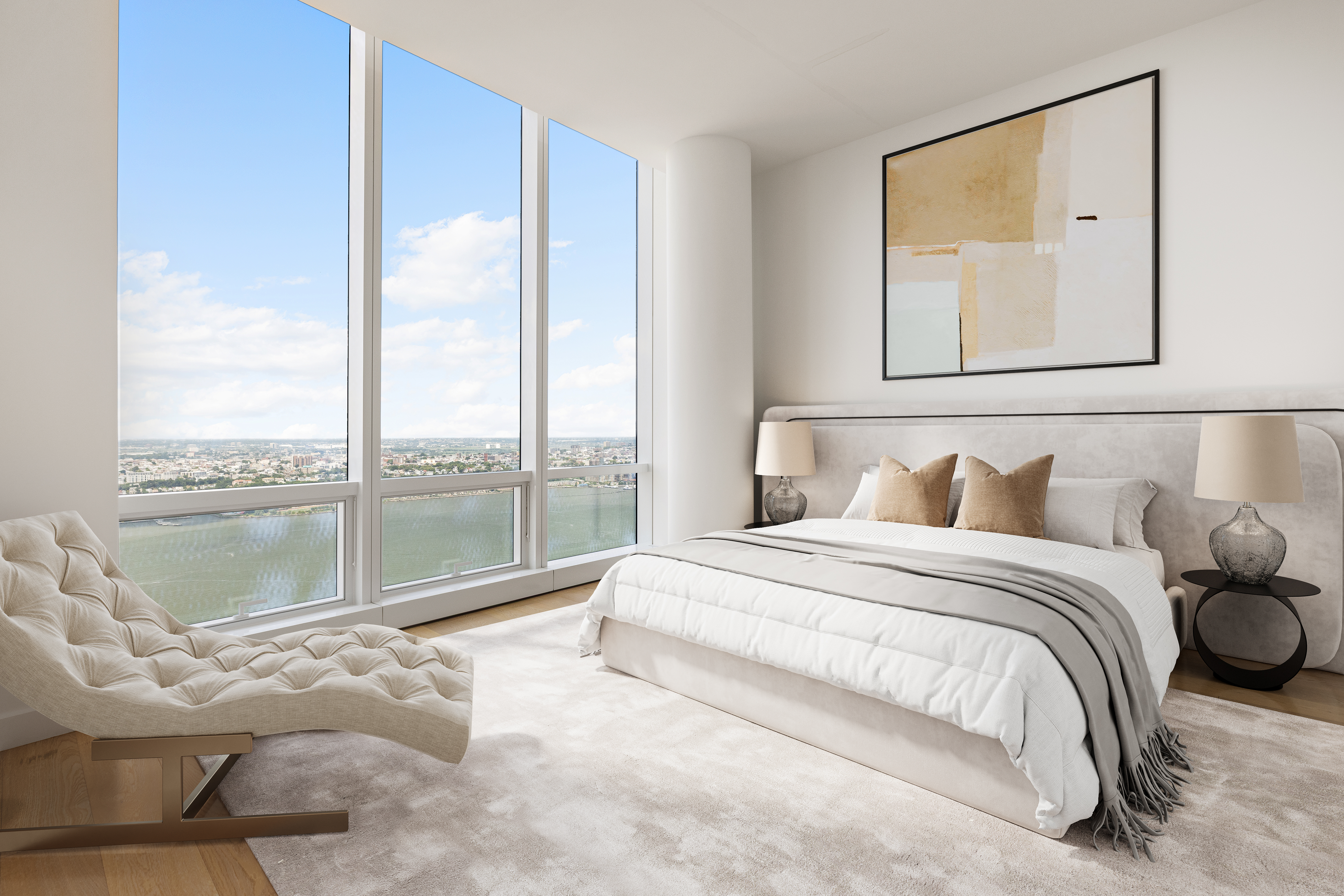 15 Hudson Yards, Unit 68C Manhattan, NY 10001 - Photo 8 of 16 a spacious bedroom with a bed and glass window