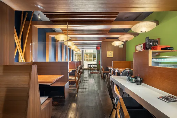 a view of a dining room with furniture