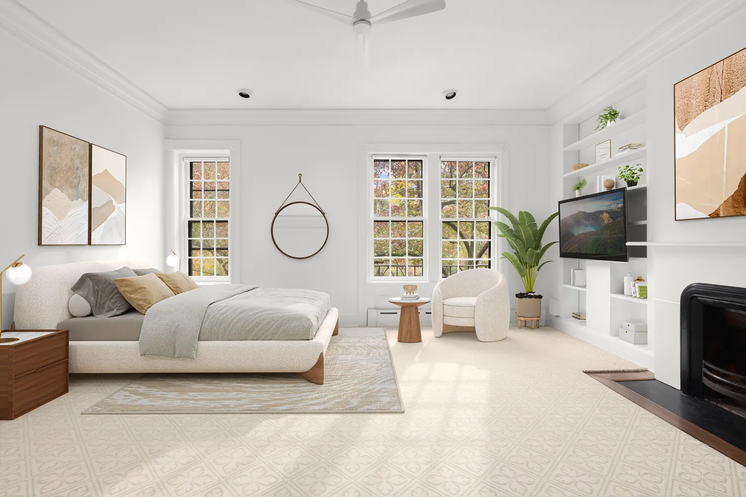 a bedroom with bed and a flat tv screen