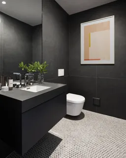 a bathroom with a sink toilet and mirror