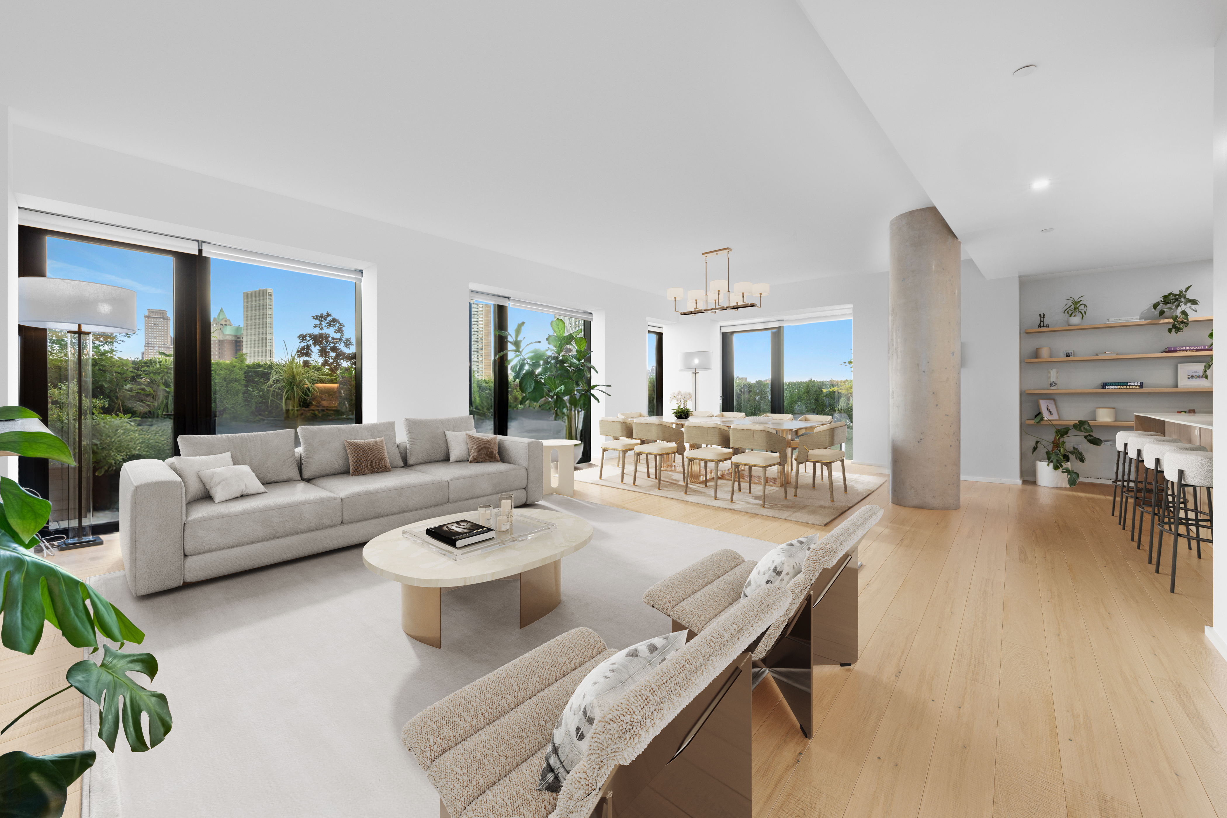 a living room with furniture and a table