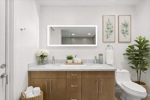 a bathroom with a sink a toilet and a mirror
