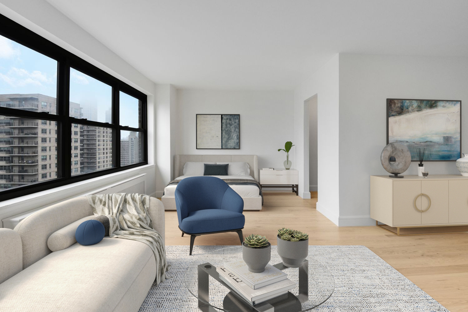 a living room with furniture and a large window