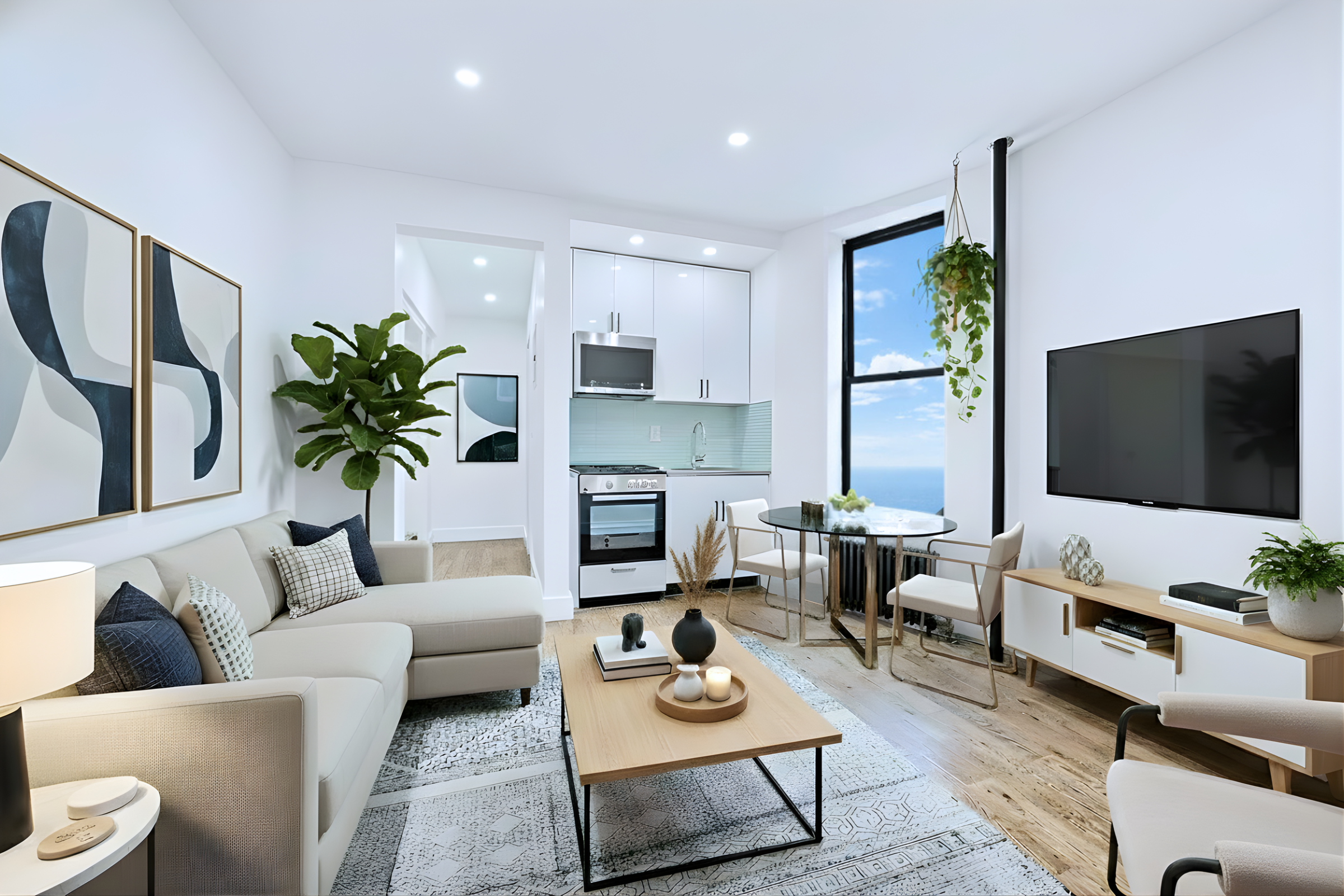 66 West 138th Street, Unit 5B Manhattan, NY 10037 - Photo 1 of 5 a living room with furniture flat screen tv and a large window