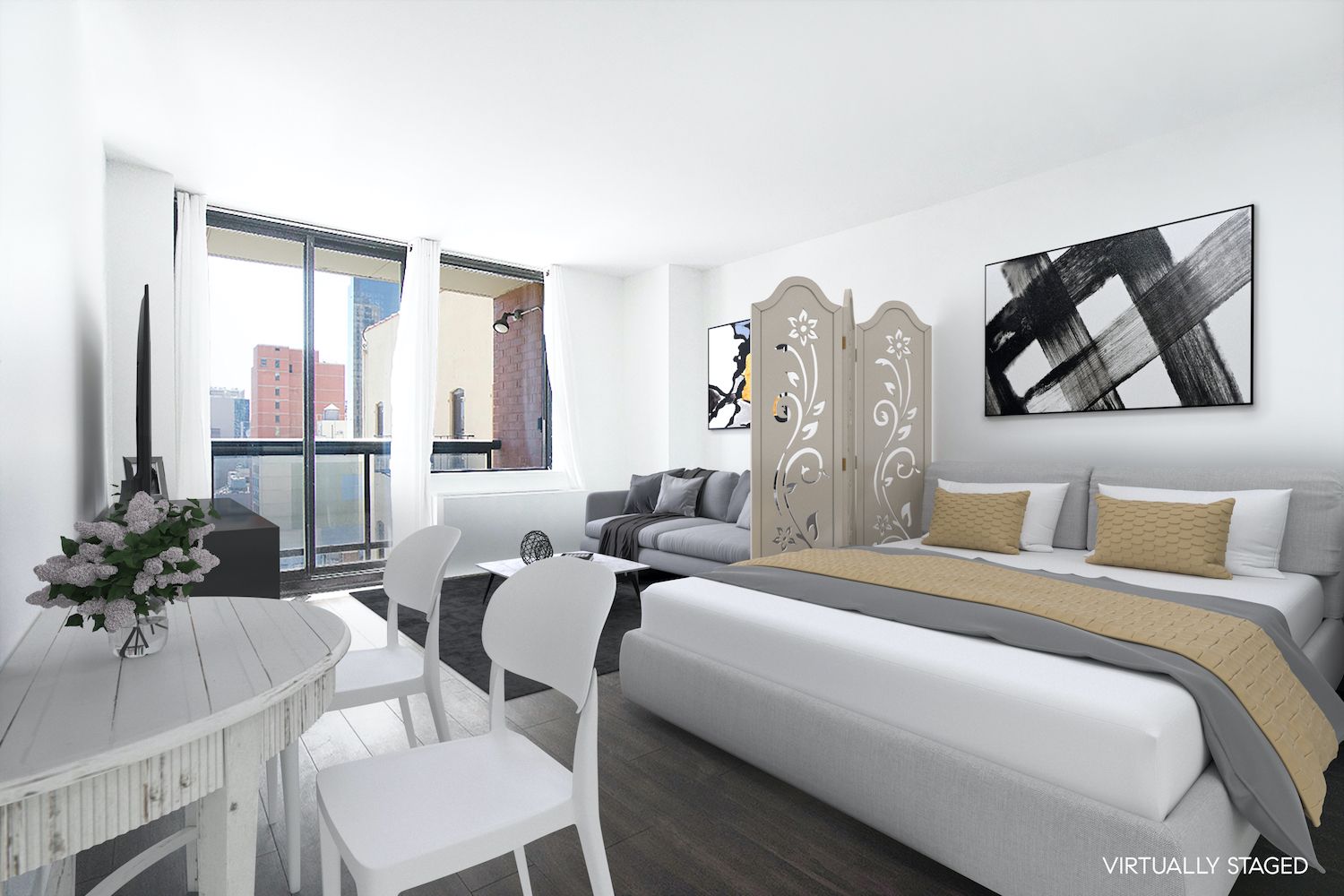 300 East 62nd Street, Unit 1405 Manhattan, NY 10065 - Photo 1 of 10 a bedroom with a bed and a painting on the wall