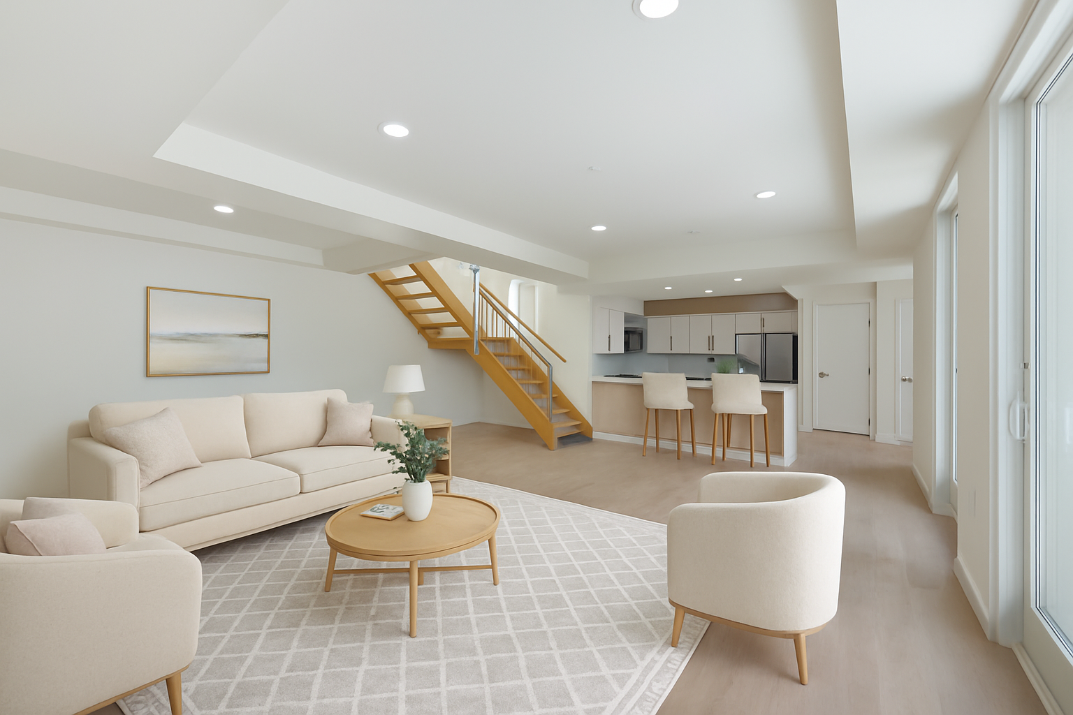 a living room with furniture and a wooden floor