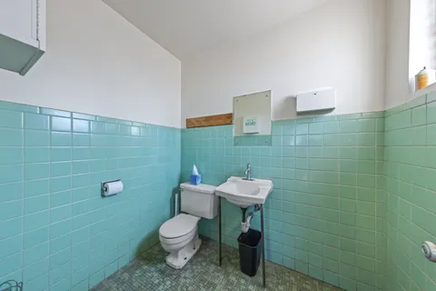 a bathroom with a toilet a sink and a mirror