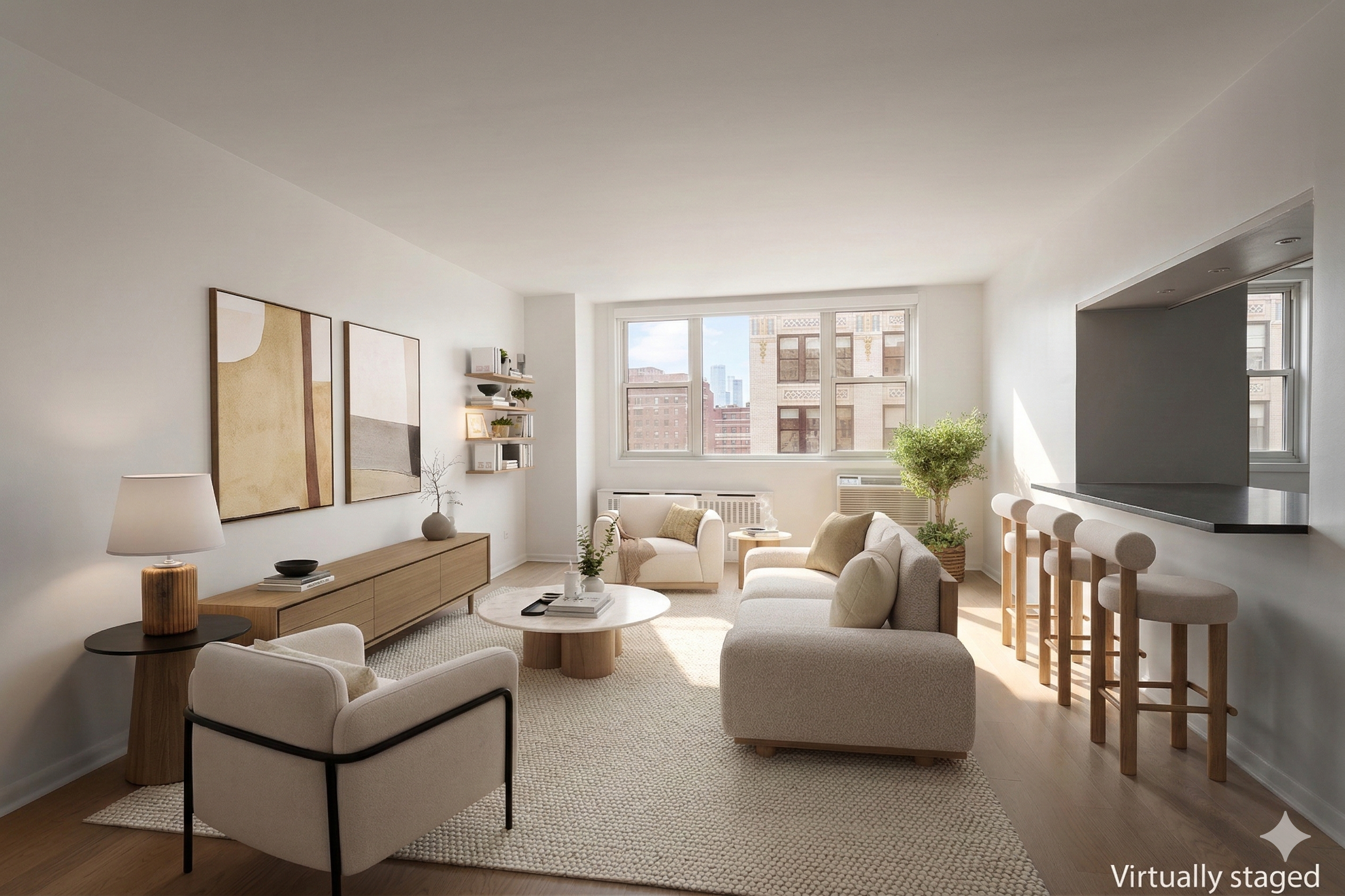 77 7th Avenue, Unit 12P Manhattan, NY 10011 - Photo 1 of 15 a living room with furniture and a large window