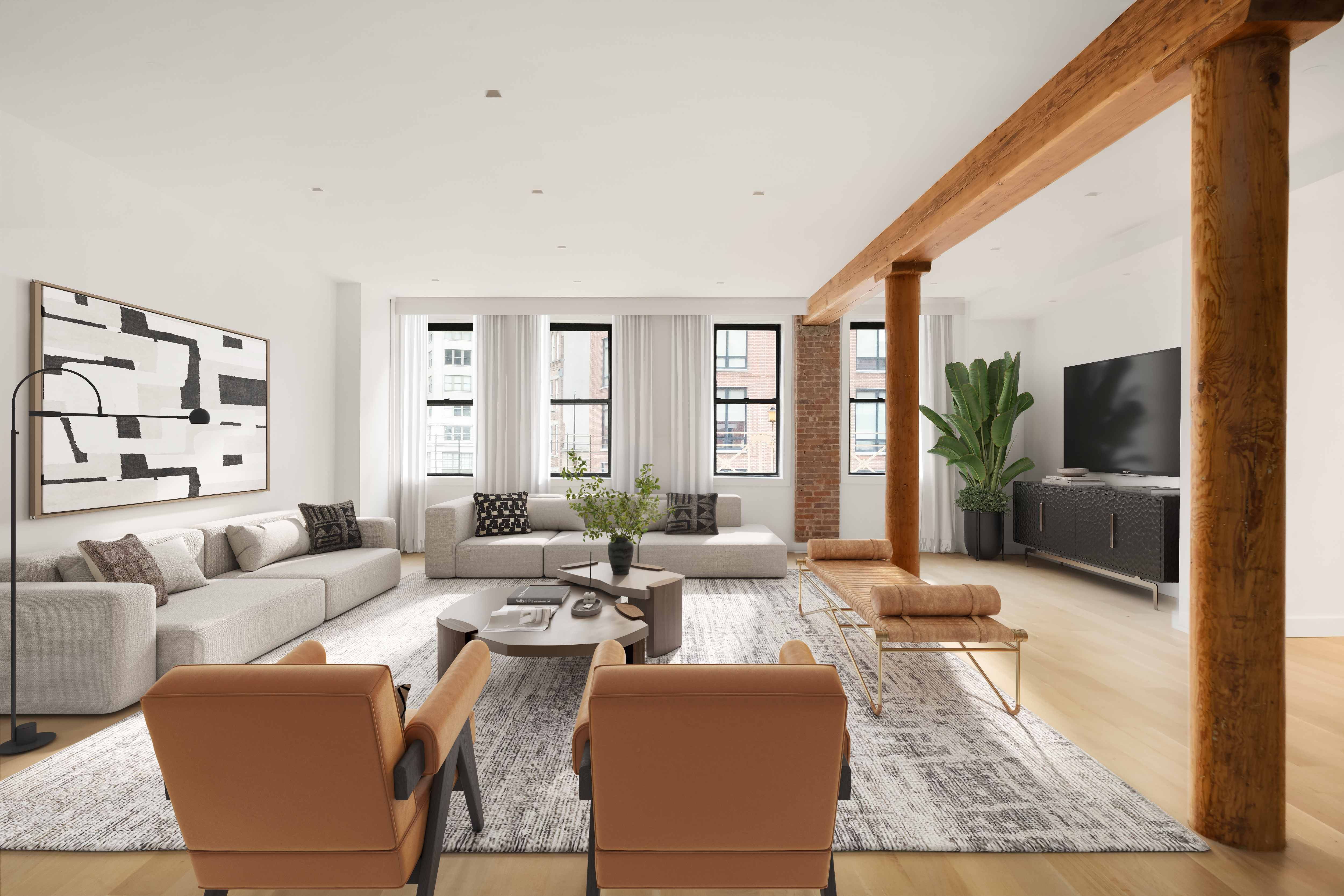 243 West Broadway, Unit 4 Manhattan, NY 10013 - Photo 1 of 12 a living room with furniture large windows and a rug