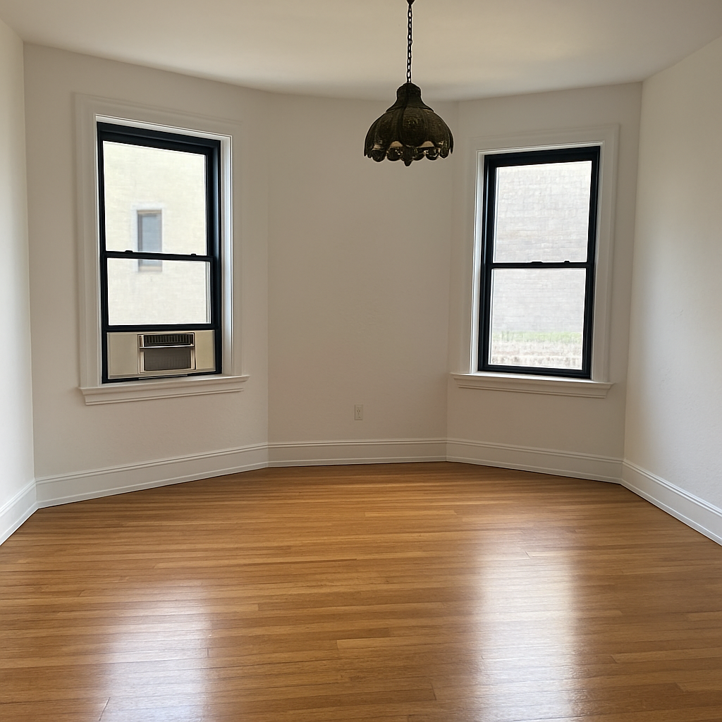 237 West 135th Street, Unit 5E Manhattan, NY 10030 - Photo 2 of 9 a view of an empty room with wooden floor and a window