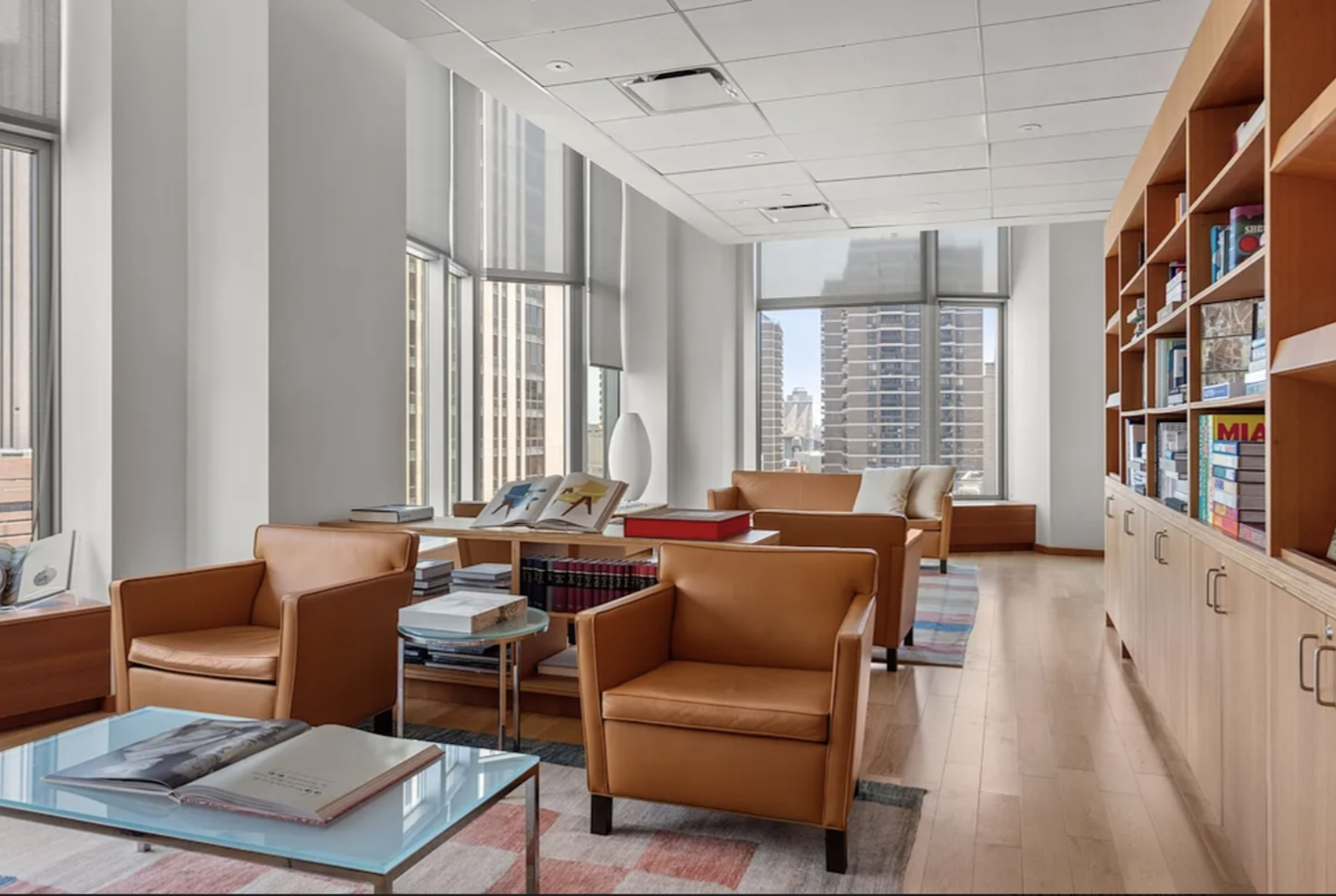 Spruce Street, Unit 12A Manhattan, NY 10038 - Photo 13 of 18 a living room with furniture a bookshelf and a window