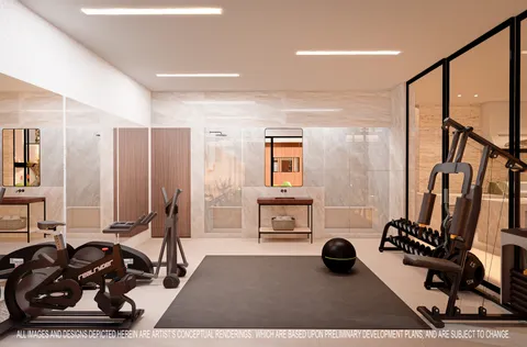 a room with furniture gym equipment and a large window