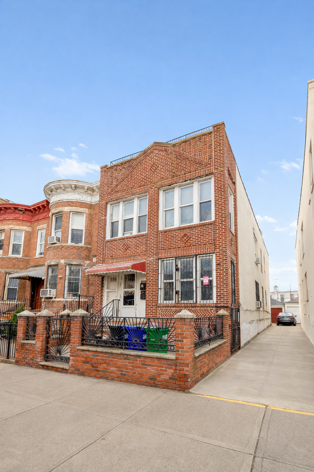 a view of a building with a street