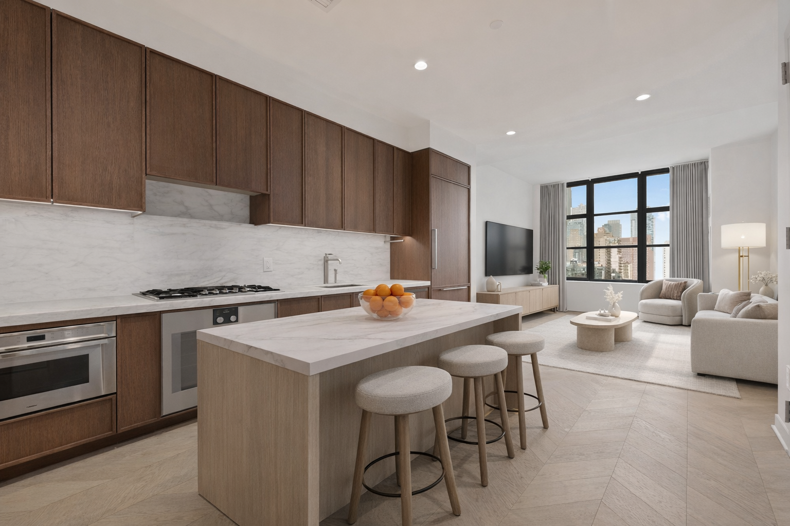 180 Front Street, Unit 12H Brooklyn, NY 11201 - Photo 1 of 20 a living room with stainless steel appliances a table and chairs
