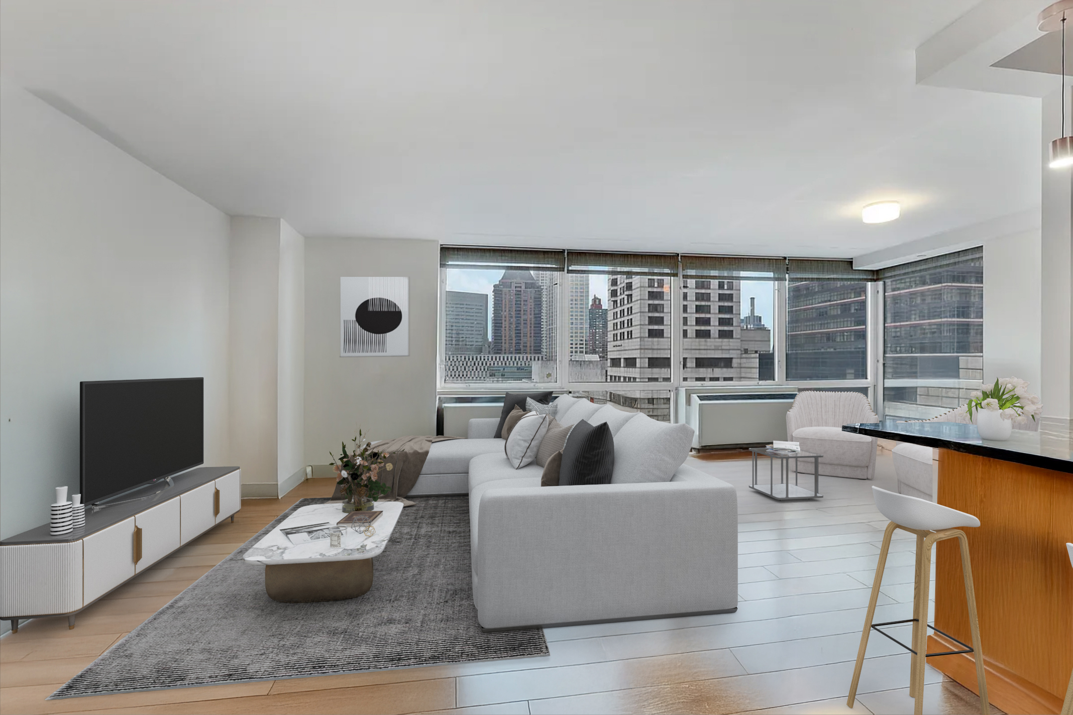 1965 Broadway, Unit 14H Manhattan, NY 10023 - Photo 2 of 10 a living room with furniture and a flat screen tv