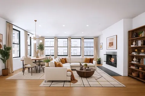 a living room with furniture large window and flat screen tv