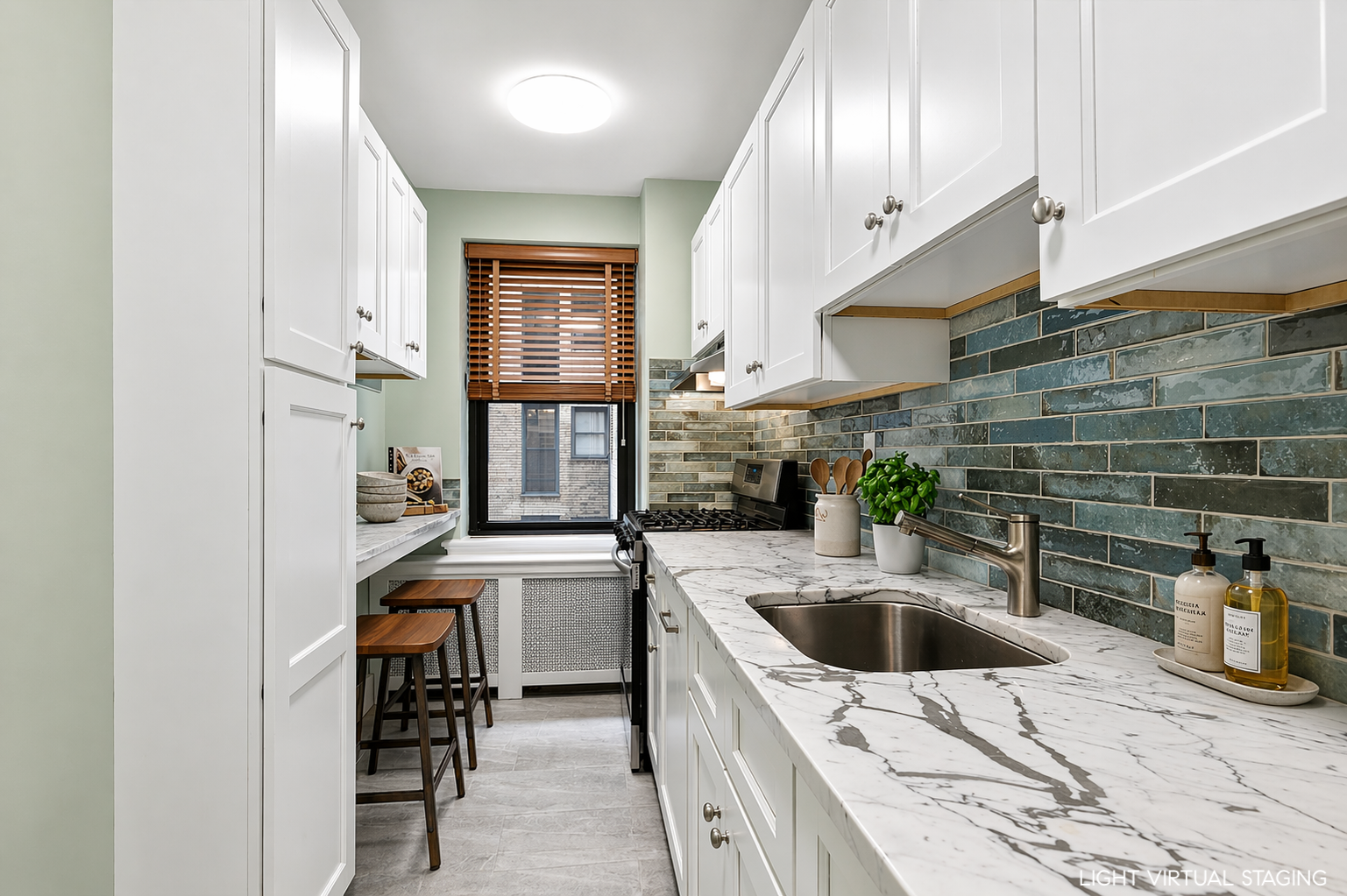 444 East 52nd Street, Unit 3C Manhattan, NY 10022 - Photo 5 of 19 a kitchen with stainless steel appliances a sink a stove a chimney a refrigerator and cabinets